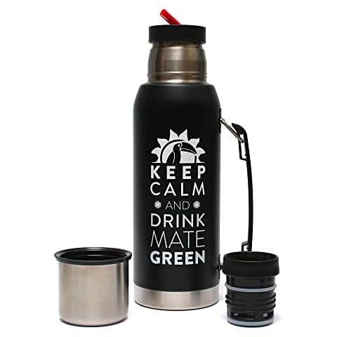 Mate Green Largoinox Vacuum Flask 1L Schwarz ● INOX 18/8 Edelstahl Thermoflasche ● Ideal für Mate Tee ● Hält 8 Stunden heiß/kalt ● BPA frei Cover