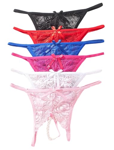 Justgoo Womens Lace G-String Thongs Panties Underwear Low Rise T-Back Underpants Pack of 1-6