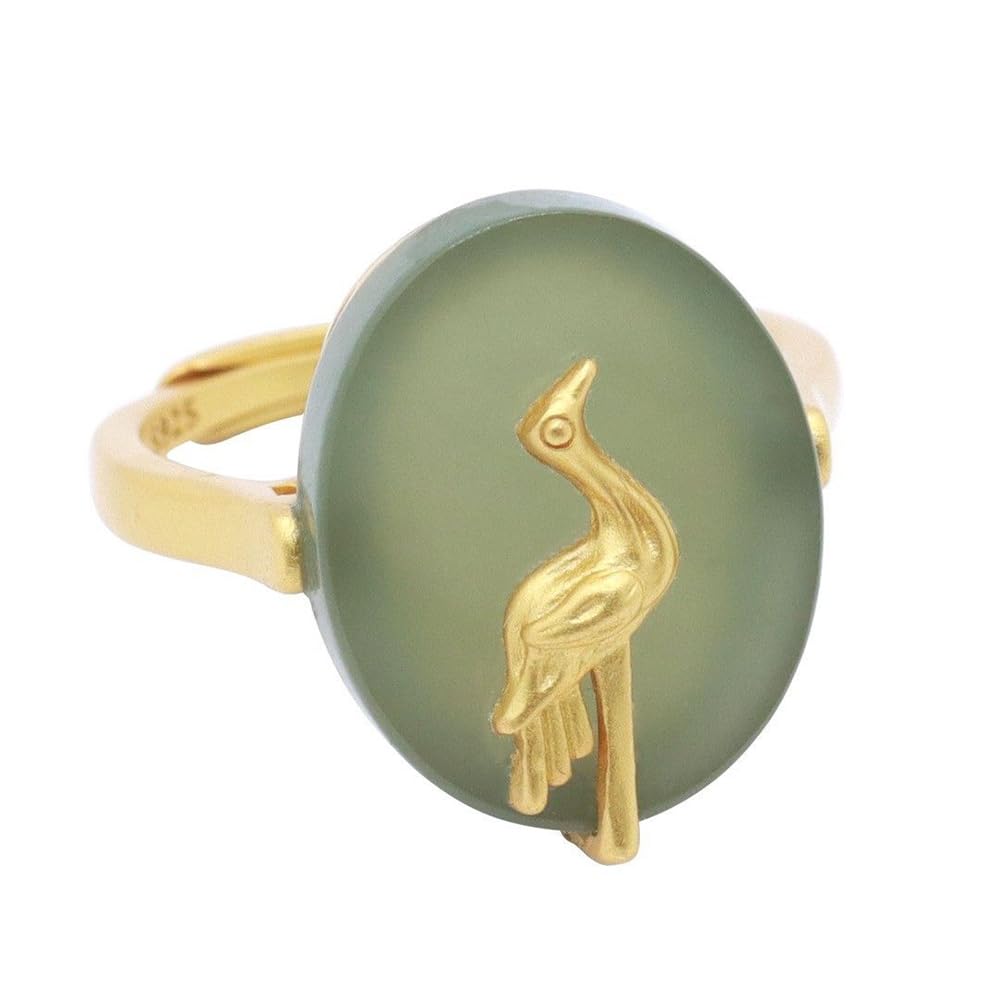S925 Silver Gold-Plated Natural Hetian Green Jade Crane Ring (Adjustable Opening) for Women Yoga Genuine