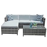 Patiorama 5 Pieces Outdoor Patio Furniture Sets Rattan Sofa Wicker Set, Outdoor Backyard Porch Garden Poolside Balcony Furniture Sets (Grey and White)