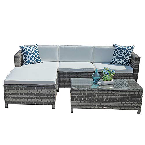 Patiorama 5 Piece Patio Furniture Set, All-Weather Grey PE Wicker Sectional Sofa, Outdoor Conversation Furniture Set with Glass Table, Removable White Cushions, Plus 2 Pillows
