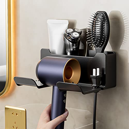 HMAKGG Föhnhalter Wand Ohne Bohren Schwarz, Föhn Halterung mit Steckerhalter & Aufbewahrung, Selbstklebend Fönhalter aus ABS für Bad Barbershop Hotel