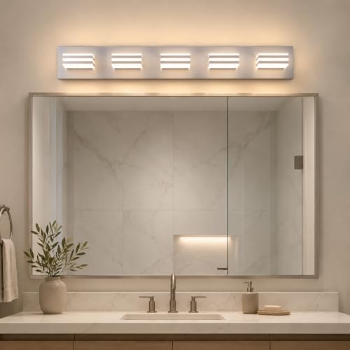 Image of Yumecrelect 5-Light Brushed Nickel Vanity Light Fixture, 34 Inch 40W 5CCT Dimmable LED Bathroom Wall Light with Clear Acrylic Shade, Hardwired Over Mirror Lighting for Master Bath
