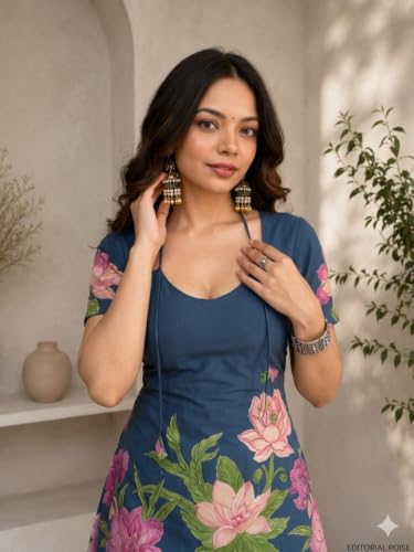 Image of Women's Floral Laila Cut Short Kurti Cotton V-Neck with Lining, Lightweight Short Sleeve Tunic, Breathable, Casual & Office Wear