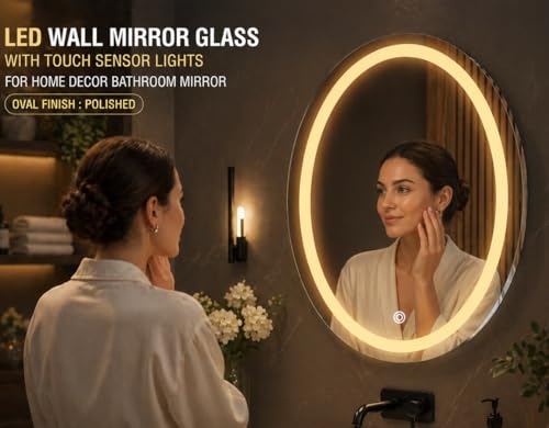 Image of LED Bathroom Wall Mirror with 3 Decorative Lights | Touch Sensor | Warm | Natural and Cool White | for Wash Basin | Bedroom | Dressing Area (Oval, 18x24)