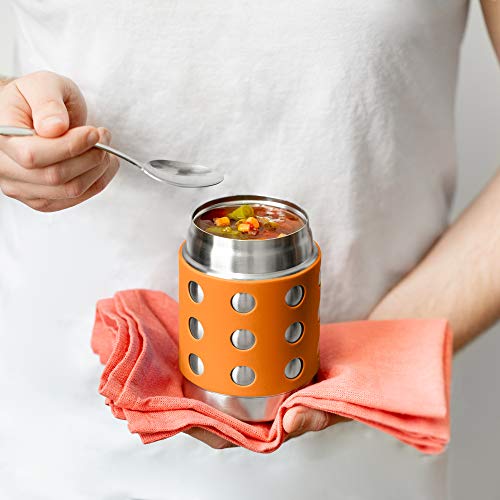 LunchBots Thermal 12 oz Triple Insulated Food Container - Hot 6 Hours or Cold 12 Hours - Leak Proof Thermos Soup Jar - All Stainless Interior - Navy Lid - Orange Dots