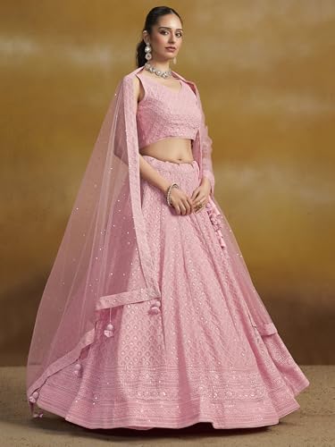 Image of Zeel Clothing Women's Sequins Thread Embroidered Georgette Lehenga Choli With Dupatta (5124-Women-Lehenga-Choli-New; Free size)