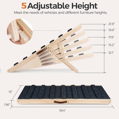 Ciconira Wooden Adjustable Dog Ramp, 39'' Long Portable Pet Stair Ramp with Non-Slip Rug Surface, 5 Adjustable Heights, 16" Extra Wide Folding Dog Car Ramps for SUV, Bed, Couch, Hold up to 165 lbs - Image 3