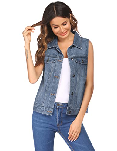 Chainscroll Women's Denim Vest Casual Classic Jean Jackets W Chest Flap Pockets #TOP2