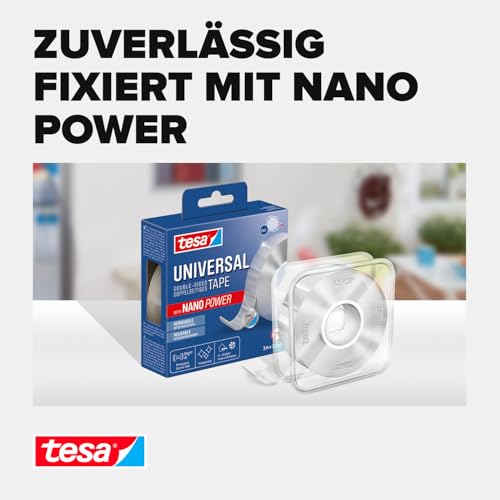 tesa Universal Nano Tape - transparentes, doppelseitiges Klebeband - leicht wiederablösbar und wiederverwendbar - wetterfest, für In- und Outdoor - 1 Rolle - 3 m x 30 mm