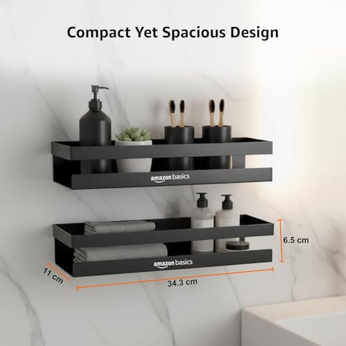 Image of Amazon Basics Wall Mounted Bath Rack- Drill Installation | Large Mild Steel Bathroom Shelf for Shampoo, Conditioner, Soap & Toiletries | Rust-Resistant, Durable & Easy to Clean Bathroom Organizer - 35 x 13.6 x 6.5 cm, Pack of 2, Black