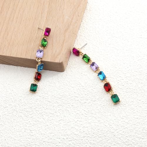 Colorful Crystal Dangle Drop Earrings for Women,Multicolor Long Square Rhinestone Chandelier Earrings,Iridescence CZ Ear Jewelry for Prom (Colorful) by Quivox - Used condition - Image 5
