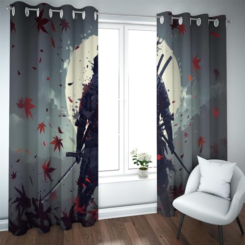CHERHERART Cortinas Tradicionales japonesas Mount Fuji Samurai Poliéster Lavable Cortinas Reductoras de Calor para Espacios de meditación y Sala de Juegos 2xB140xH225
