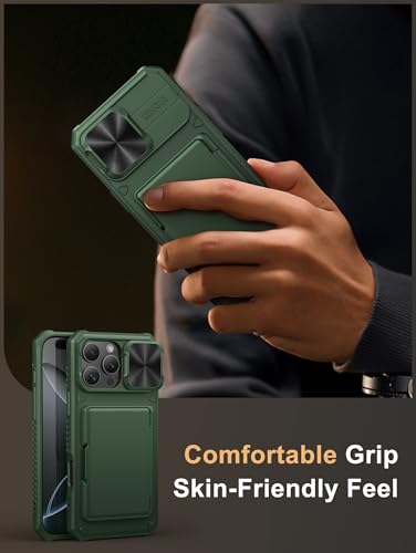 Image of Vihibii for iPhone 16 Pro Case with Card Holder (4 Cards) [RFID Blocking] & Slide Camera Cover, Military Grade Drop Protection, Rugged Hard Back & Silicone Edge Wallet Phone Cover, 6.3 inch 2024, Green