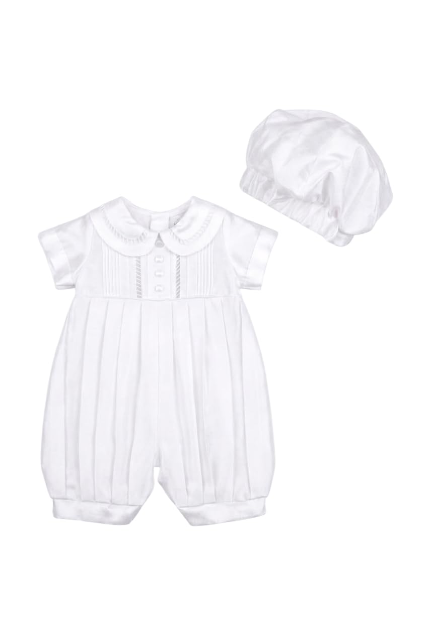 Conjunto de 2 Piezas para Bautizo de bebé niño, de satén Blanco, con Cuello Peter Pan y Gorro.