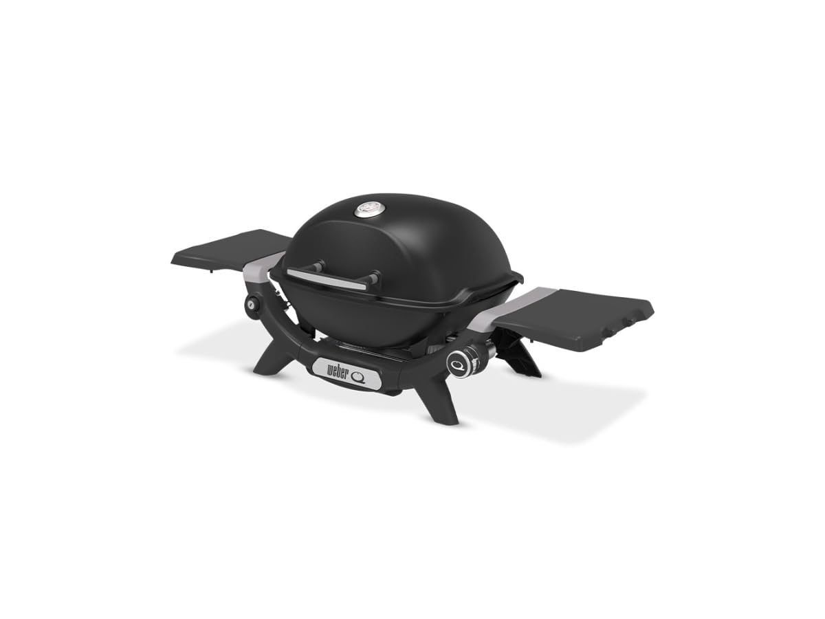 Weber Q 1200N grill gazowy z półkami bocznymi/lekki grill na kemping, taras i balkony, z wysokowydajnym palnikiem, emaliowanym żeliwnym rusztem i elektronicznym zapłonem, północ czarny