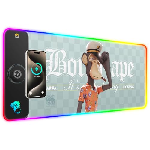 GIM RGB Gaming Mouse Pad with 15W Wireless Charging, LED Mouse Pad with 10 Light Modes, Extra Large Mousepad 800x300x4MM, Non-Slip Rubber Base Computer Keyboard Mat for Gaming, Desk (Pondering Ape)