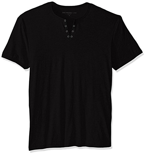 John Varvatos Star USA Men's Short Sleeve Eyelet Henley Shirt, Black, Large