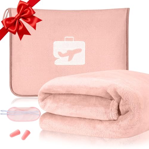 flintronic Couverture de Voyage Avion, 2 en 1 Couverture et Oreiller de Voyage Doux et Chaud, avec Masque de Sommeil et Bouchons d'oreille, avec Pince de Sac à Dos, pour Avion, Voiture, Bureau - Rose