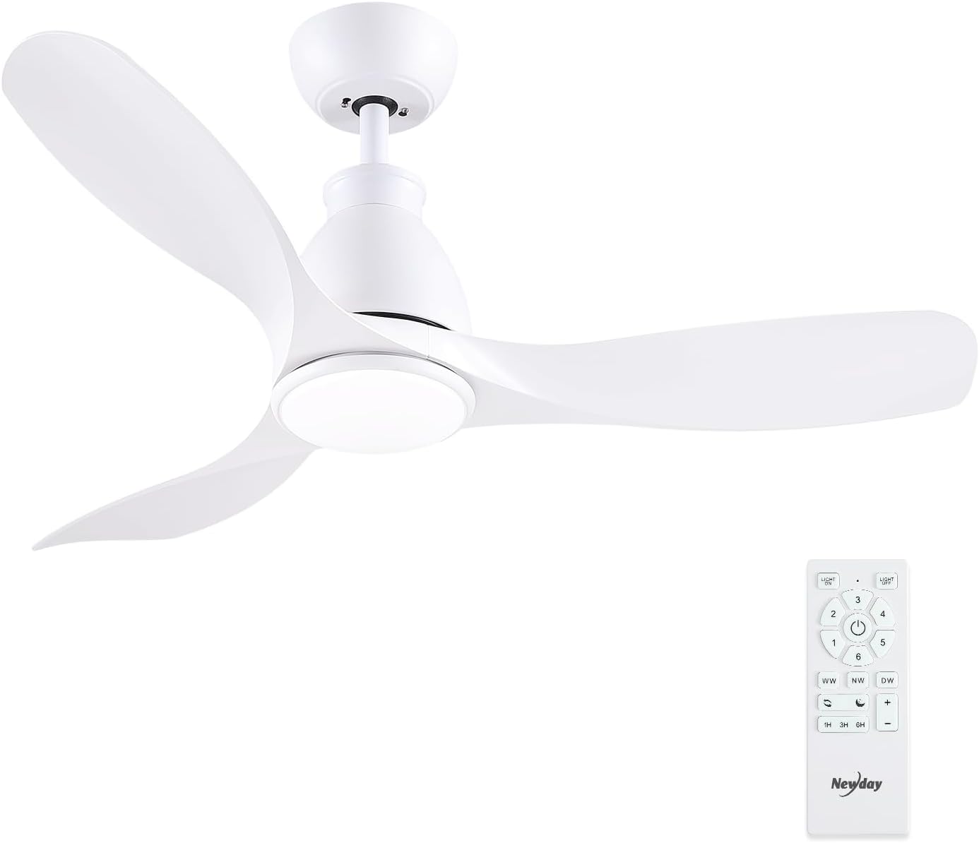 Newday 42 inch White Ceiling Fan with Light and Remote Control, Quiet Fan Light Ceiling with 3 Blades, Stepless Dimmer, Sleep Mode, Memory Function, Reversible for Bedroom Living Room Kitchen Terrace