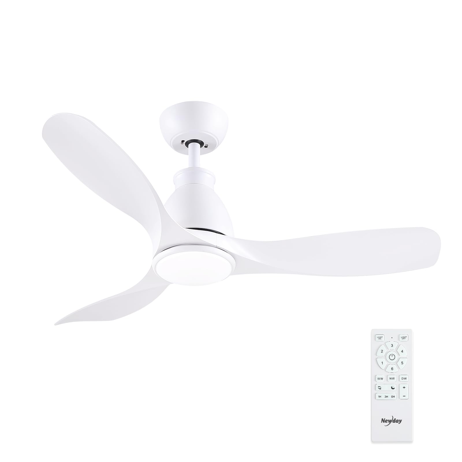 Newday Ventilatori Soffitto Bianco Reversibile, 106cm Ventilatore Soffitto con Luce e Telecomando, Lampadario con 3 Pales, Pale da Soffitto Silenzioso con Dimmer Senza Passaggi, Modalità 7 Velocità