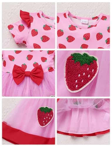 ODASDO Baby Girls Strawberry Bee Cow Birthday Cake Smash Outfit Short Sleeve Dress with Bowknot Headband Set4