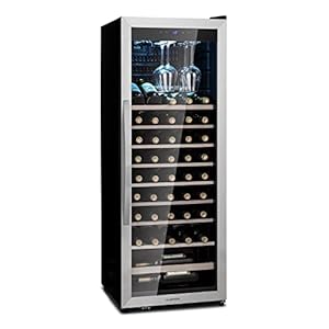 Klarstein Weinkühlschrank, Getränkekühlschrank Schmal, Kühlschrank mit Glastür, Getränkekühlschränke Freistehend, Weinkühlschrank Klein, Weinkühlschränke 1 Zonen, UV-Schutz, 4-18 °C, 46 Flaschen