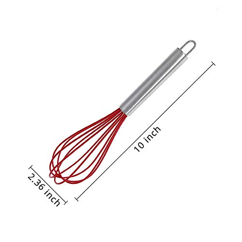 Kufung Kitchen Silicone Whisk, Balloon Mini Wire Whisk, Stainless Steel & Silicone Non-Stick Coating Hand Egg Mixer, For Blending Whisking Beating Stirring Cooking Baking (Red, 10 Inch) #TOP1