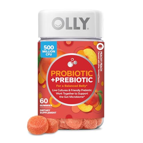 OLLY Probiotic + Prebiotic Gummy, Digestive Support and Gut Health, 500 Million CFUs, Fiber, Adult Chewable Supplement for Men and Women, Peach, 60 Day Supply - 60 Count
