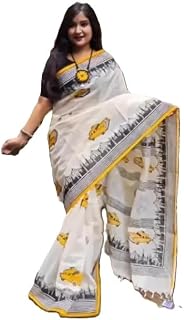 Khadi Cotton Saree with Taxi Print Pattern and Solid Running Blouse Piece Traditional Ethnic Drape for Festive and Daily O... Price In India