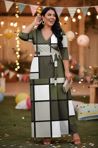Image of Runwind Plus Size Dresses for Women Floral Maxi Dress Flowy 3 /4 Sleeve with Belt