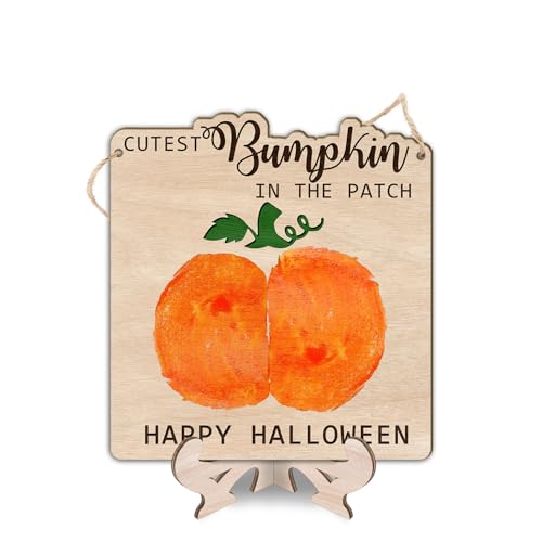 Image of Cutest Little Bumpkin in the Patch, Baby's First Halloween Keepsake Craft - My First Halloween DIY Baby Bum Pumpkin Art Kit, 7.5x8in Wood Sign with Paint, Stand & Hanging Rope - Fall Baby Gift, Decor