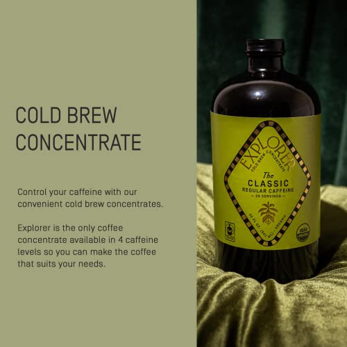 Explorer Cold Brew Coffee Regular Caffeine Concentrate | 32 Fl Oz I Organic Gluten Free Instant Liquid Mix | Iced Or Hot | 1:4 Super Concentrated | Regcaf (100 Mg/Oz) #TOP3