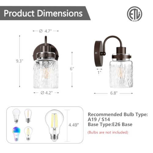 Image of 2 Pack Hammered Glass Wall Sconces Set of Two, Oil Rubbed Bronze
