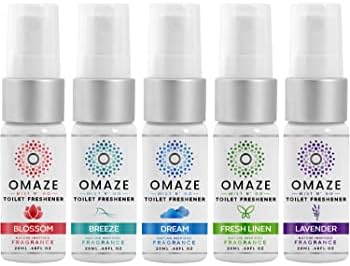 OMAZE Mist N Go Toilet Spray Toilet Scent Freshener - Bathroom Spray Odor Eliminator - Bathroom Smell Good Spray - Travel Air Freshener Spray | Blossom, Breeze, Dream, Fresh Linen, Lavender Scent 0.68 Fl Oz (Travel Sizes)