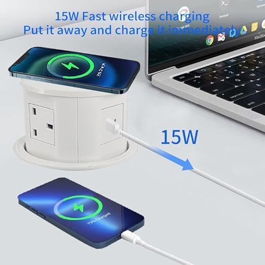 Image of Audiovan Motorized Sensor Touch Pop Up socket Pneumatic 3 Power socketsand 15 watt, 2 USB type A+C charge 15 watt Fast Wireless phone chargerfor Kitchen Counter or Conference Desk (White VMP30)