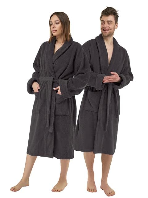 Image of Pristine Linen 100% Cotton Terry Shawl Collar Bathrobe for Women Cotton Robes Lightweight Plush Terry Cloth Robes for Men Towel Robe Unisex Men & Women Spa Robe, Medium-Large, Charcoal Grey