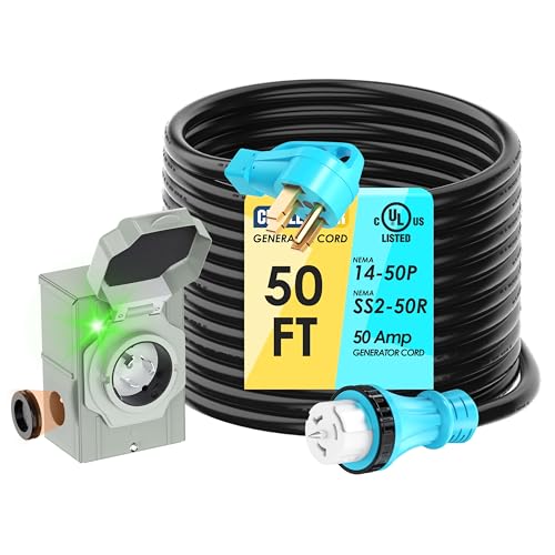 CircleRiver UL Listed 50 Amp 50 Feet Generator Cord and Power Inlet Box Combo Kit NEMA 14-50P Male to SS2-50R STW 6/3+8/1 AWG 125/250V Twist Locking with Inlet Box for Generator to House