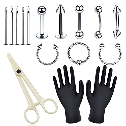 Piercing Kit, CINRA 24PCS Professional Body Piercing Kit 16G Piercing Needles Piercing Clamps for Belly Ring Tongue Tragus Lip Nose Jewelry Body Piercing Jewelry Set