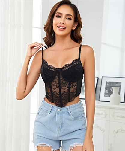 Wufciybo Lace Corset Top Bustier Tops For Women Spaghetti Adjustable Strap Sheer Crop Bralette Camisole (9037Black-M) #TOP2