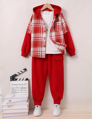 Image of 2Pcs Boys Clothes Sweatsuit Set Hoodie Flannel Plaid Shirt and Jogger Pants for Kids Fall Winter Spring Outfits