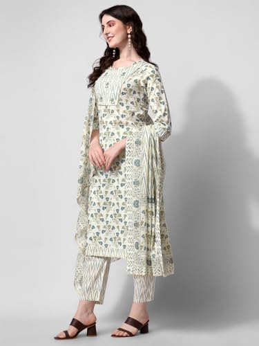 Image of MIRCHI FASHION Pure Cotton Women Straight Print & Thread Embroidery Kurti Set with Dupatta & Pant