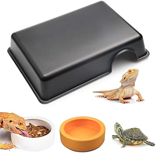 爬行动物隐藏盒,带 2 个陶瓷爬行动物食品碗,小动物藏身处,爬行动物喂食盘适用于仓鼠蛇蜥蜴壁虎乌龟两栖动物,3 个