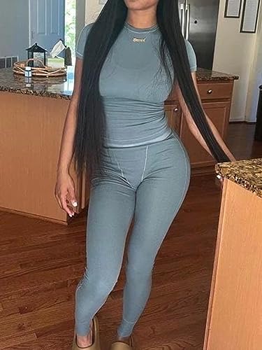 ZFLM Casual Workout Two Piece Outfits for Women Fitted Crew Neck T-shirt High Waist Pants Matching Sets Streetwear