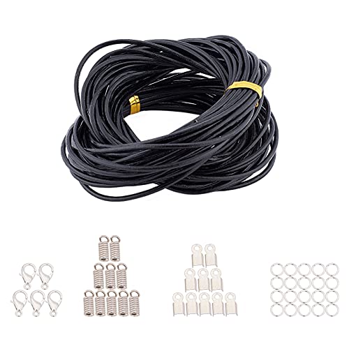 SUNNYCLUE 10M Genuine Leather Cord Black Leather Cord 2mm Wide Necklace & Folding Crimp Ends & Coil Cord Ends & Lobster Claw Clasp & Jump Rings for Necklace Bracelet Making Kits