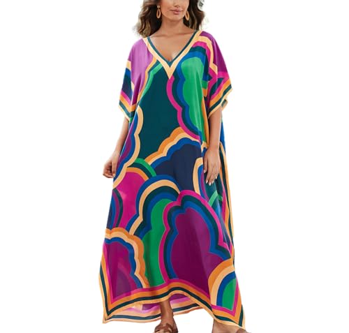 Image of sunforyou Kaftan Dresses for Women Plus Size Lightweight Swimsuit Cover up Batwing Sleeve Print Loungewear Beach Robe