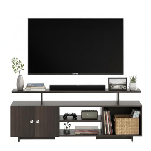 Image of FURNEASER Eskido Engineered Wood TV Entertainment Unit, Floor Standing TV Cabinet with Storage Shelves for Living Room, TV Stand for 32,43,50 & 55 Inch TV (Exotic Teak & White) (Wenge)