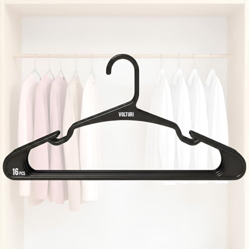 Image of VOLTURI 16 Pcs Hangers for Clothes Hanging, Premium Plastic Clothes Hangers, Wardrobe Organizers for Heavy Garments, Shirts, Pants, Dresses & Suits Water Resistant Non-Slip Design for Closet (Black)