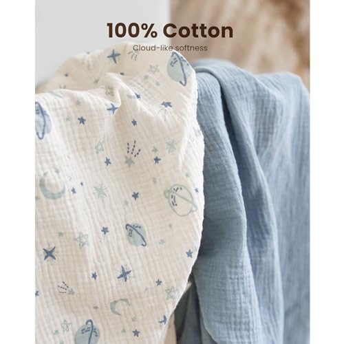 Image of Konssy 2 Pack Muslin Bassinet Sheets for Boys, Girls, 100% Cotton Soft Breathable Fitted Bassinet Mattress Sheet, 32 x 16 inches (Star,Blue)