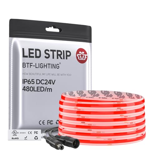 Image of BTF-LIGHTING FCOB IP65 Waterproof Red Color COB LED Strip 16.4FT DC24V 480LED /m 8mm Width Flexible High Density CRI 90+ Dimmable LED Light for Home Indoor Decor(No Controller or Adapter)
